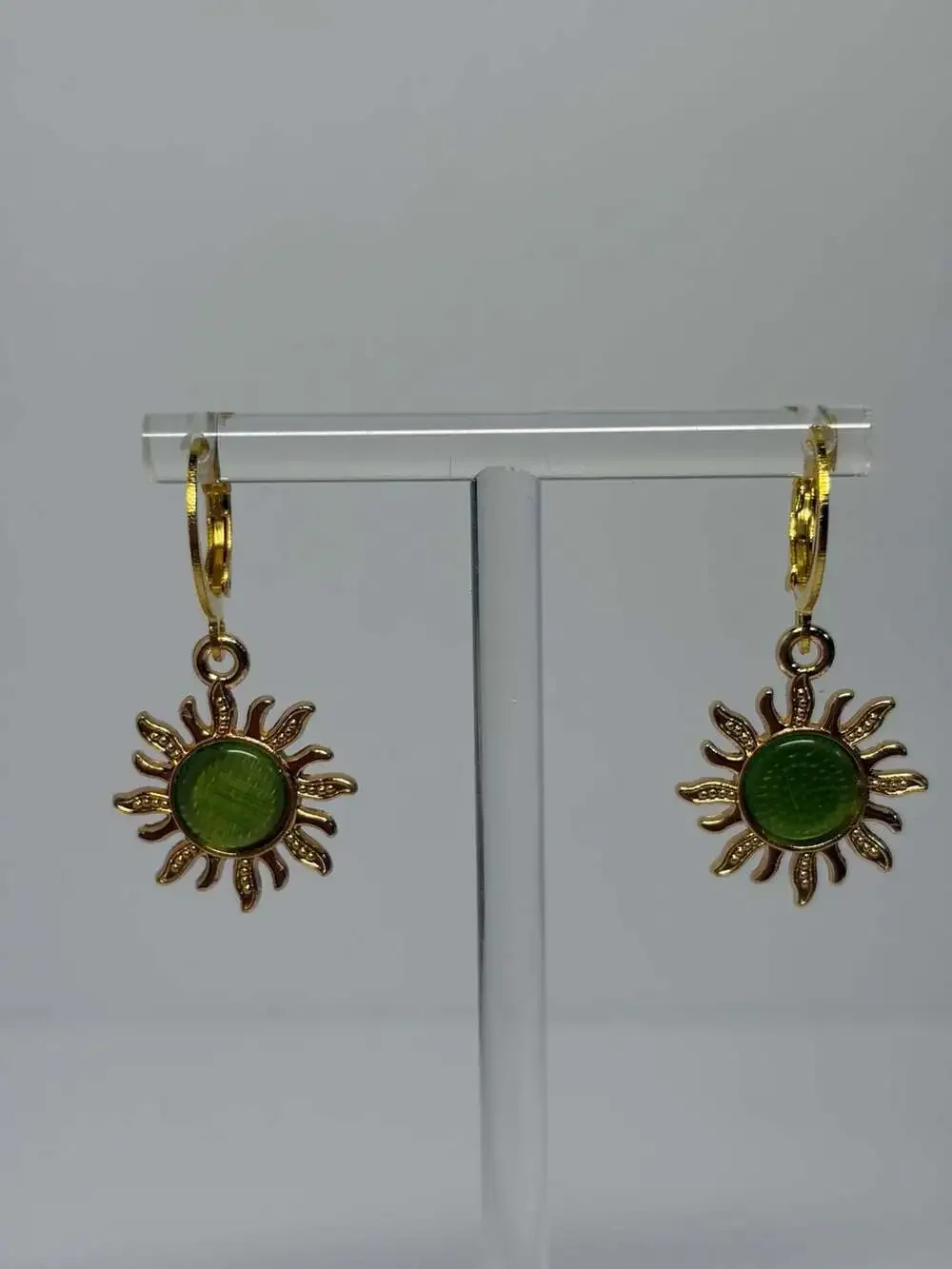 Stainless Steel Gold-Tone Celestial Sun Huggie Hoop Earrings with Green Enamel C